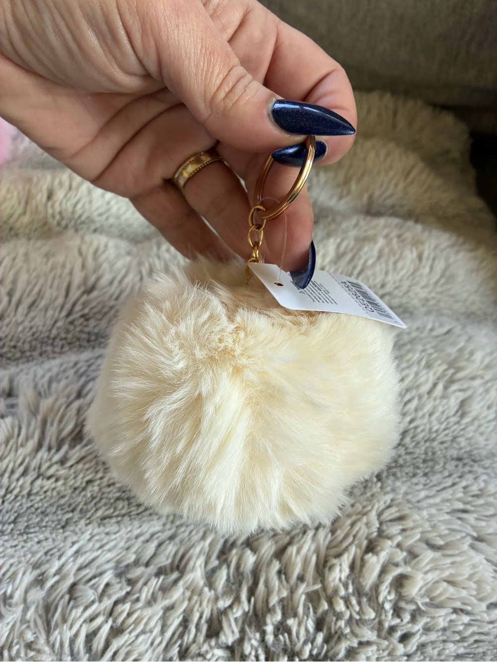 Plush Cream Pom Pom Keychain/Charm with Gold Hardware
